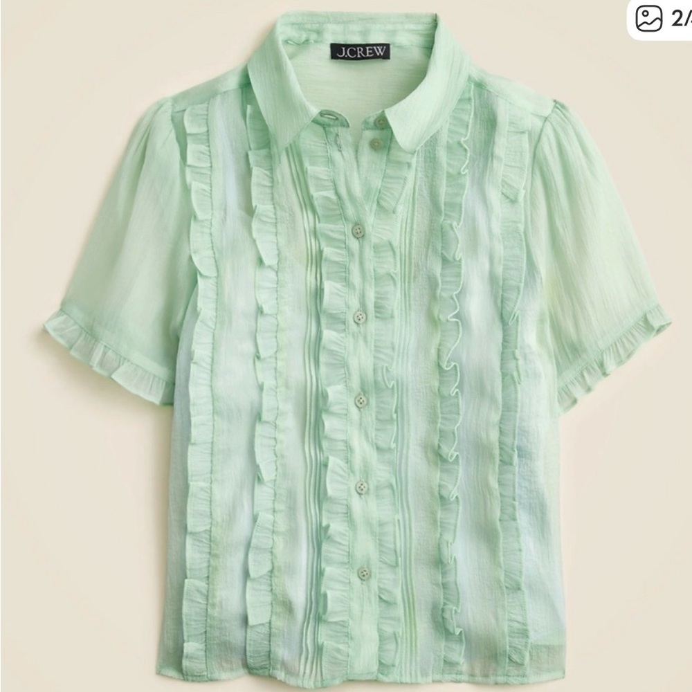 J.Crew Sheer Green Ruffle Trim Button Up Blouse  With Blue Cami - NWT - Size 6